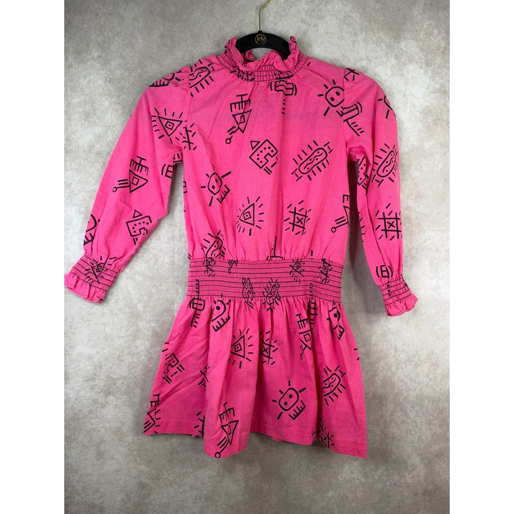 VTG 80s Hi-Girls Inc Dress Girls 8 Pink Graffiti Print Smocked Waist Mock Neck